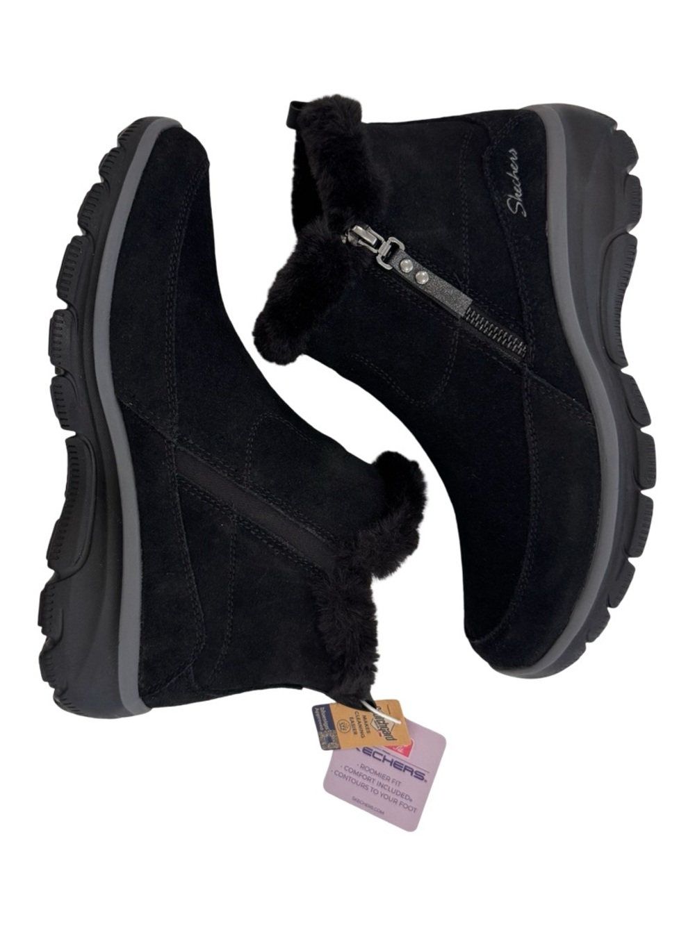 Skechers Black Suede Faux-Fur Zip Ankle Booties with Gray Sole - Picture 2 of 8